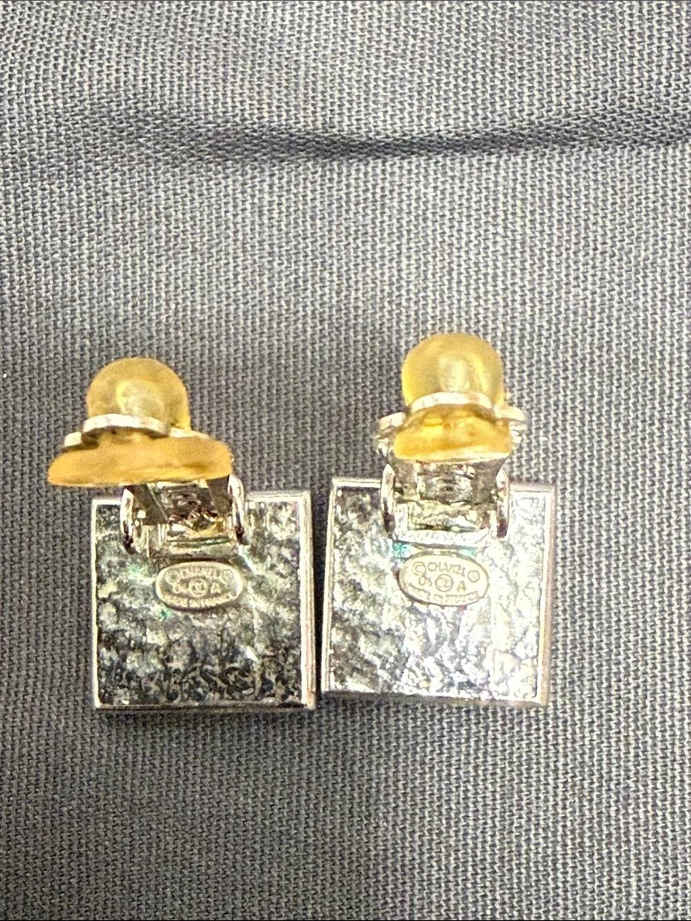 CHANEL Square Double C clip on earrings in Neon Green and Black